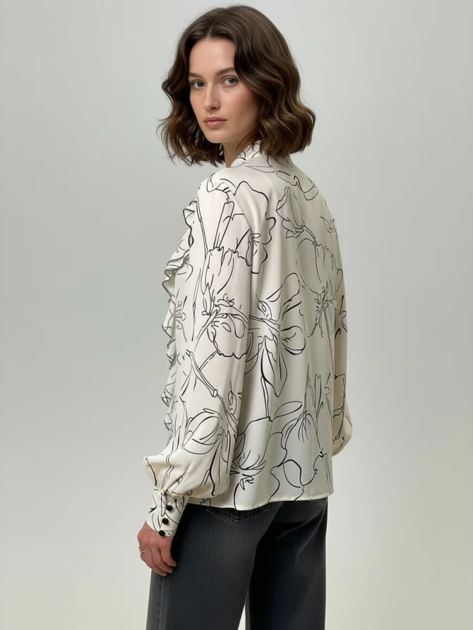 Блузка с отлетными рюшами OD-914-6 молочный с черным