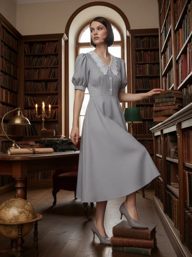 Платье с кружевным воротником  OD-888-2 св.серый