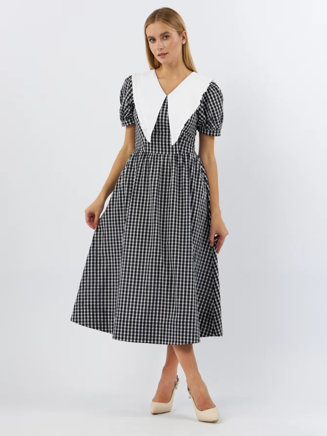 Платьеиз хлопка с большим контрастным воротником OD-935-1 клетка ч/б