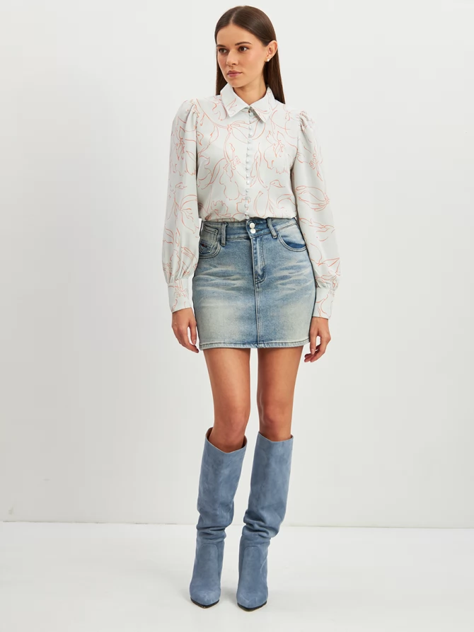 Блузка с принтом OD-639-26 голубая оранжевый цветок