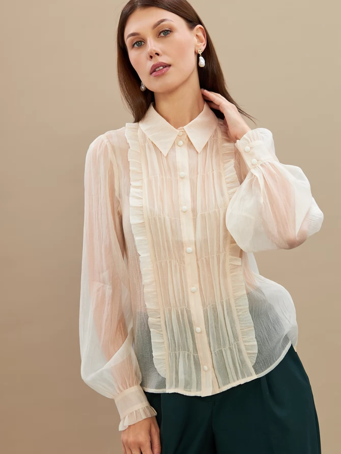 Блузка из органзы со сборкой OD-928-1 молочный