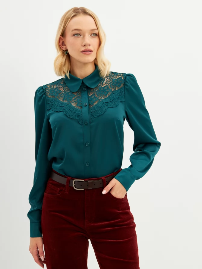 Блузка с кружевом на полочке OD-892-1 т.зеленый