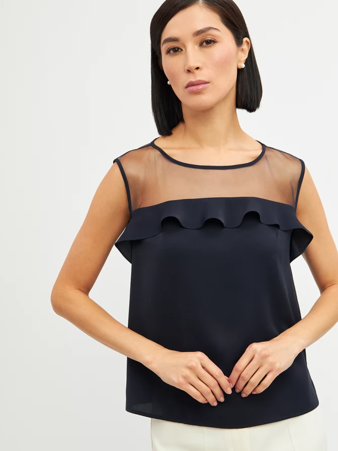 Блузка без рукавов с сеткой и воланом OD-992-2 т. синий