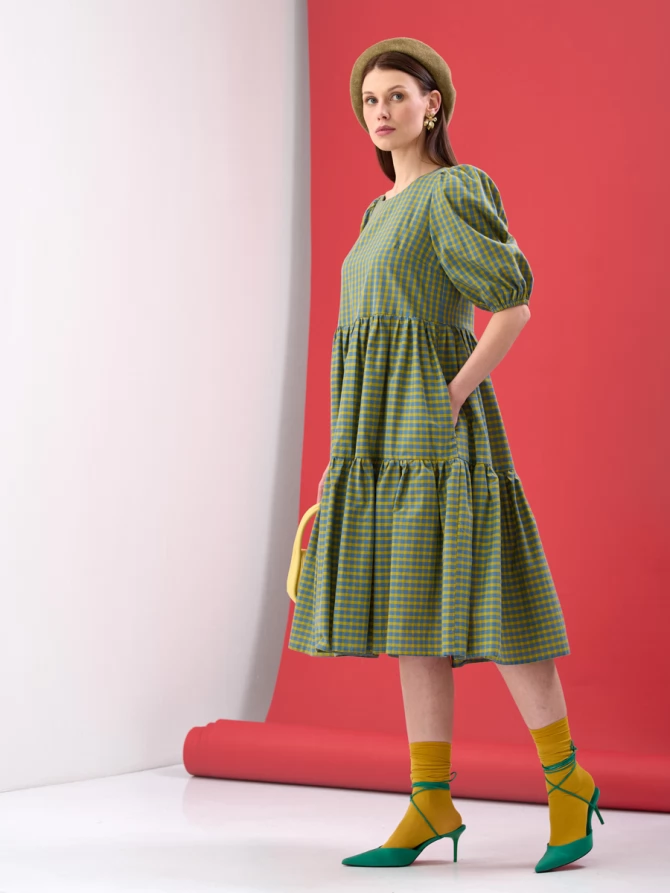 Платье хлопковое в клетку с рукавами-буфами