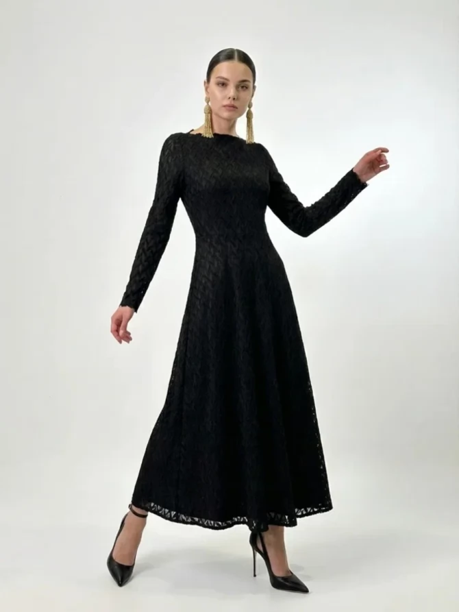 Платье из трикотажного кружева OD-904-3 черный с фестонами