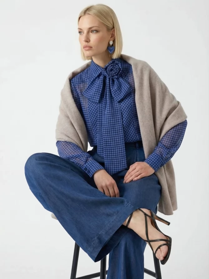 Блузка из органзы в клетку OD-984-1 фиолетовый с черным