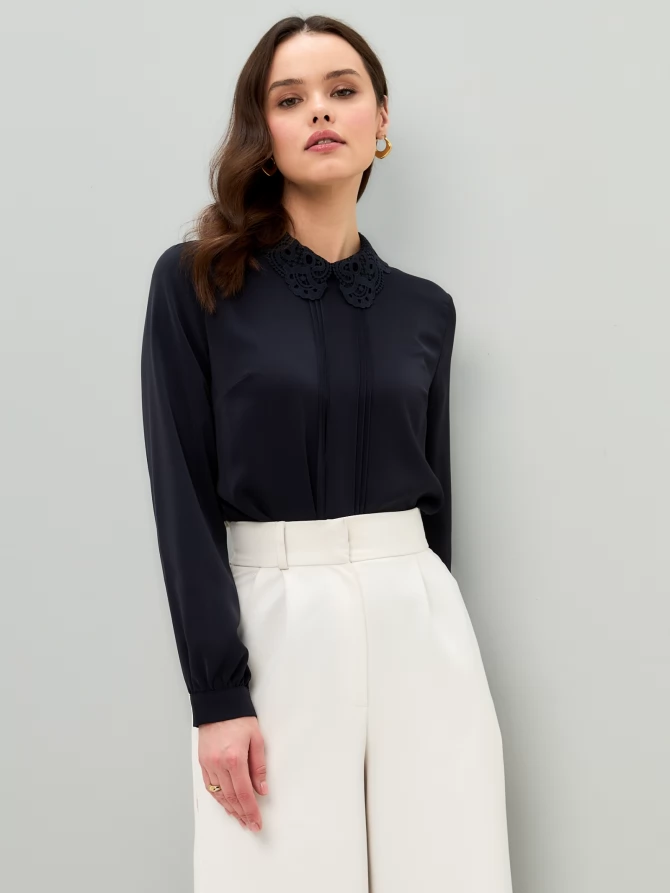 Блузка с кружевным воротником OD-861-2 темно-синий