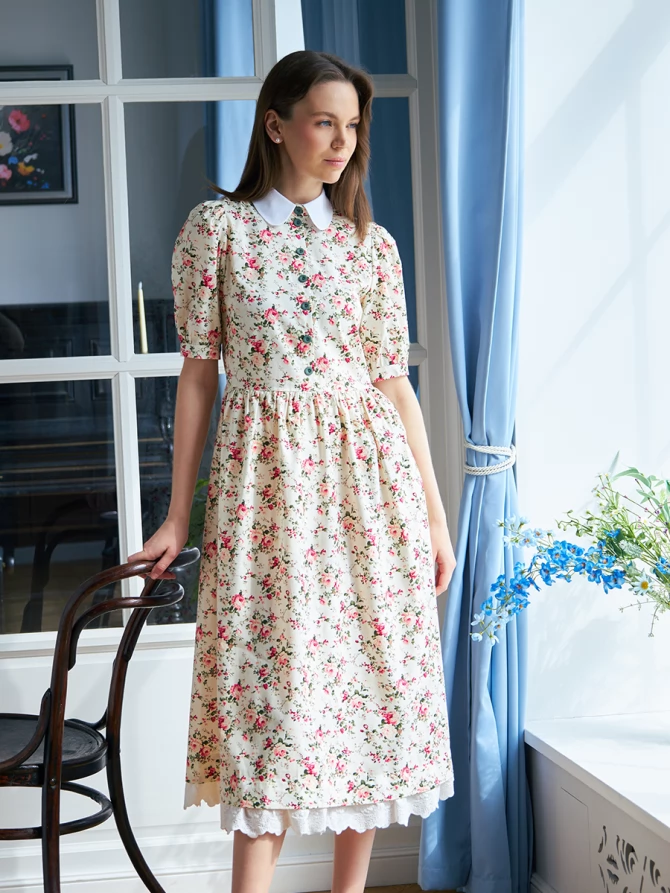 Платье хлопок OD-790-6 молочный мелкий цветок