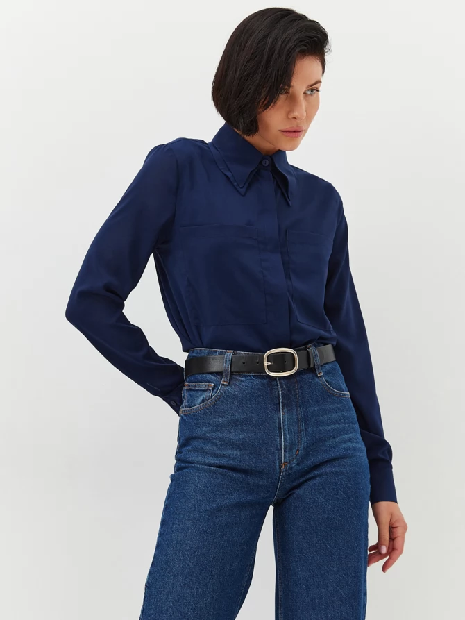 Блузка из шифона с двойным воротником OD-805-2 т. синий