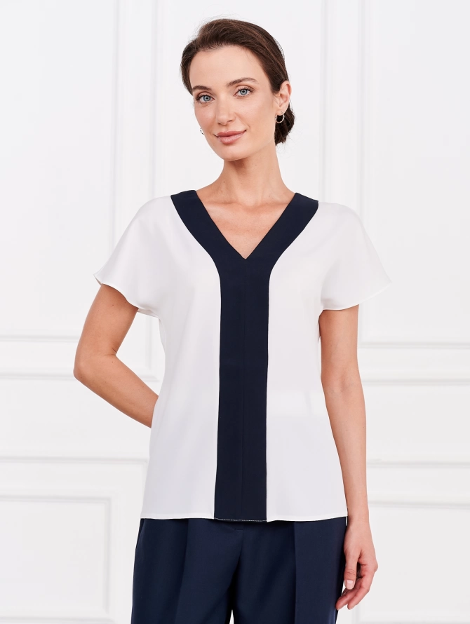 Блузка с контрастной отделкой OD-859-1 белый+синий
