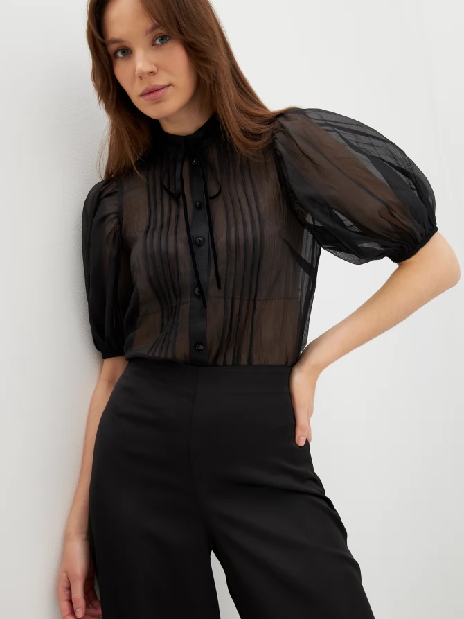 Блузка из органзы с бархатной завязкой и защипами  OD-951-3 черный