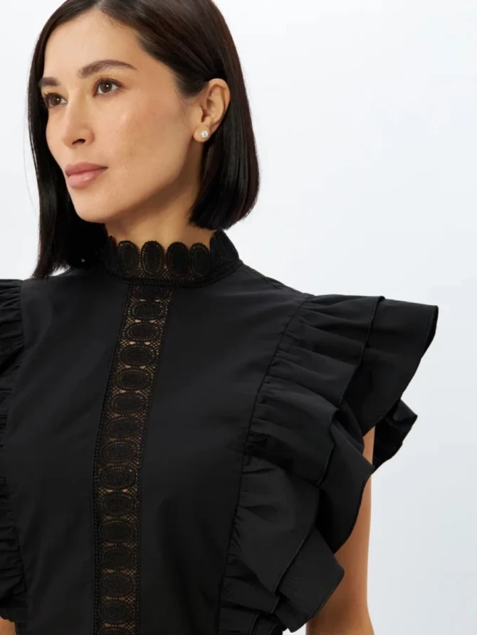 Блузка из хлопка с крыльями и кружевом, черная