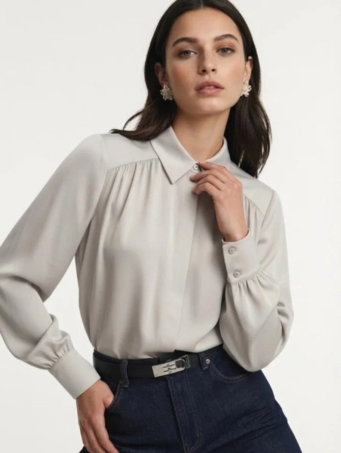 Блузка со сборкой и съемной пуговицей OD-971-2 серо-коричневый