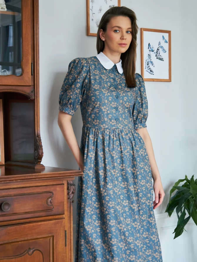 Платье хлопок OD-790-8 джинса ( бежевые цветы)