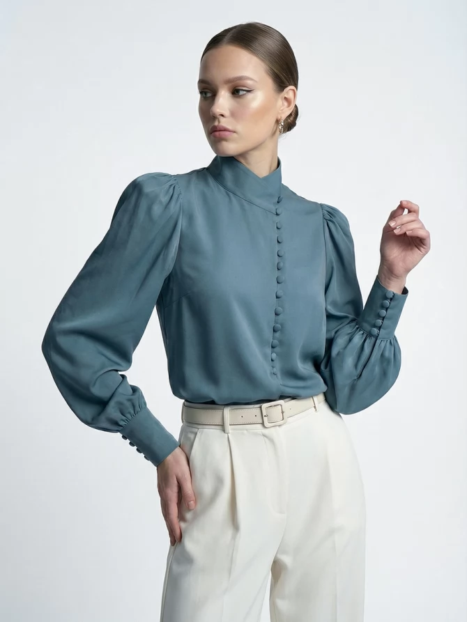 Блуза-косоворотка много пуговиц OD-550-14 серо-зеленый-голубой (морская волна)