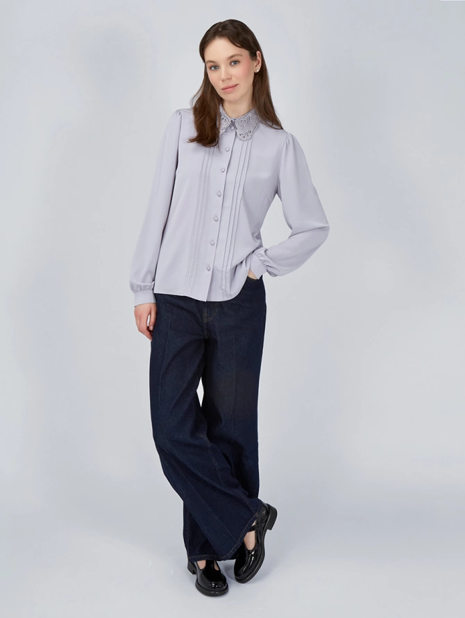 Блузка с кружевным воротником и защипами, светло-сиреневая OD-913-2