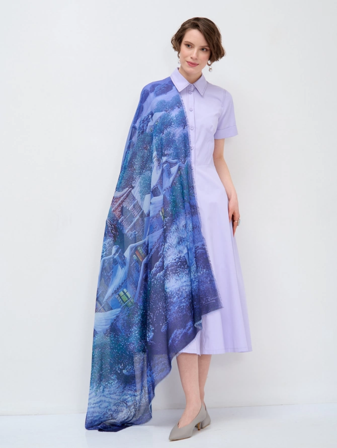 Платок с зимним пейзажем и бахромой