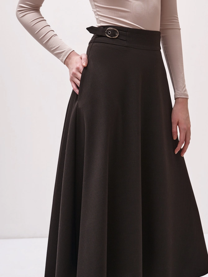 Юбка-колокол со сложным поясом OD-826-2, черно-коричневая