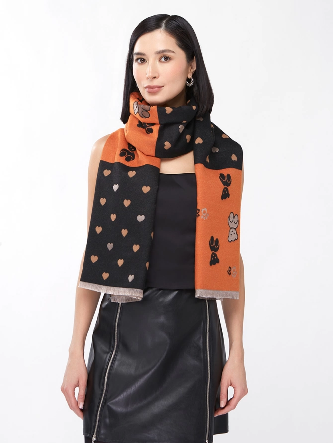 Палантин женский двусторонний с принтом Медведи и Сердца