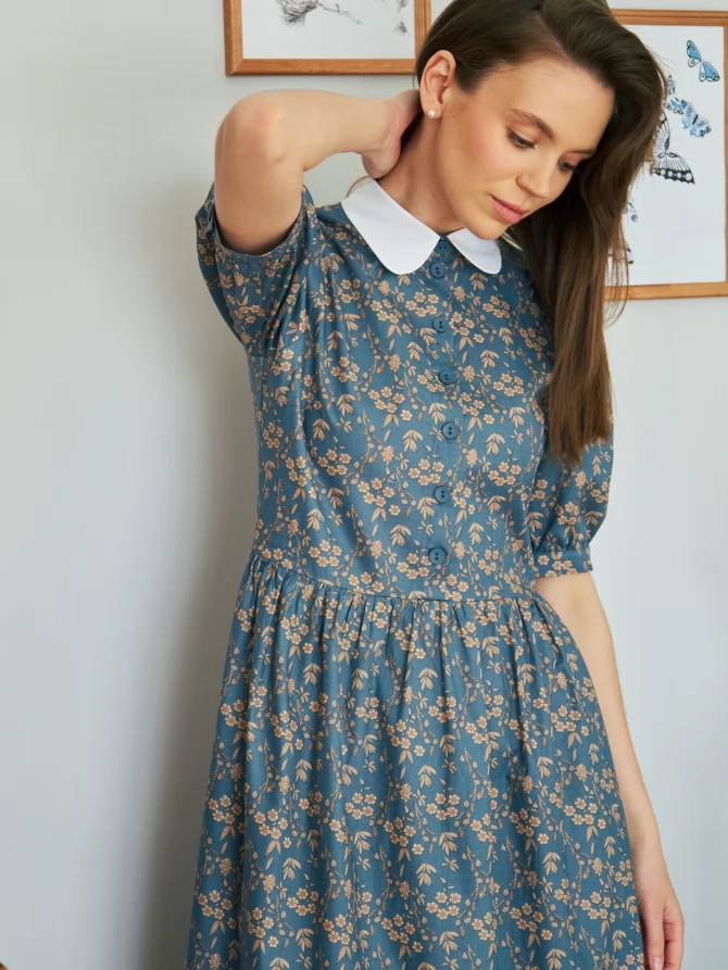 Платье хлопок OD-790-8 джинса ( бежевые цветы)