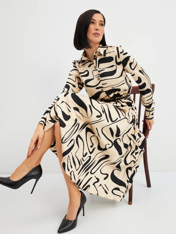 Платье с юбкой плиссе OD-883-3 бежевый с черными разводами