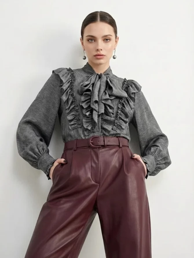 Блузка с рюшами и воротником-завязка OD-988-1 графит