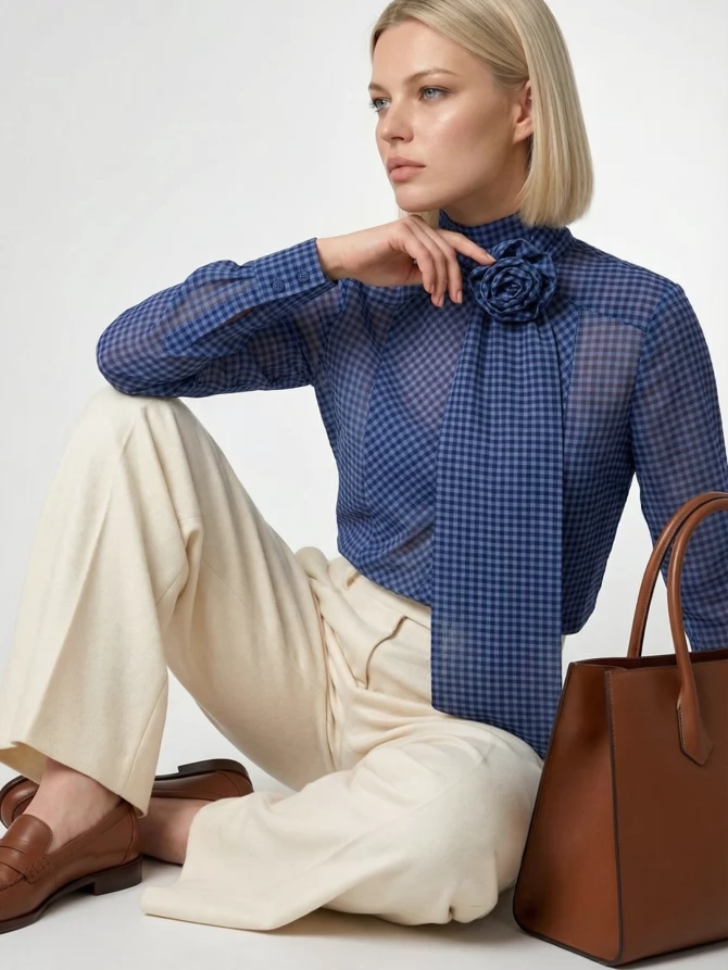 Блузка из органзы в клетку OD-984-1 фиолетовый с черным