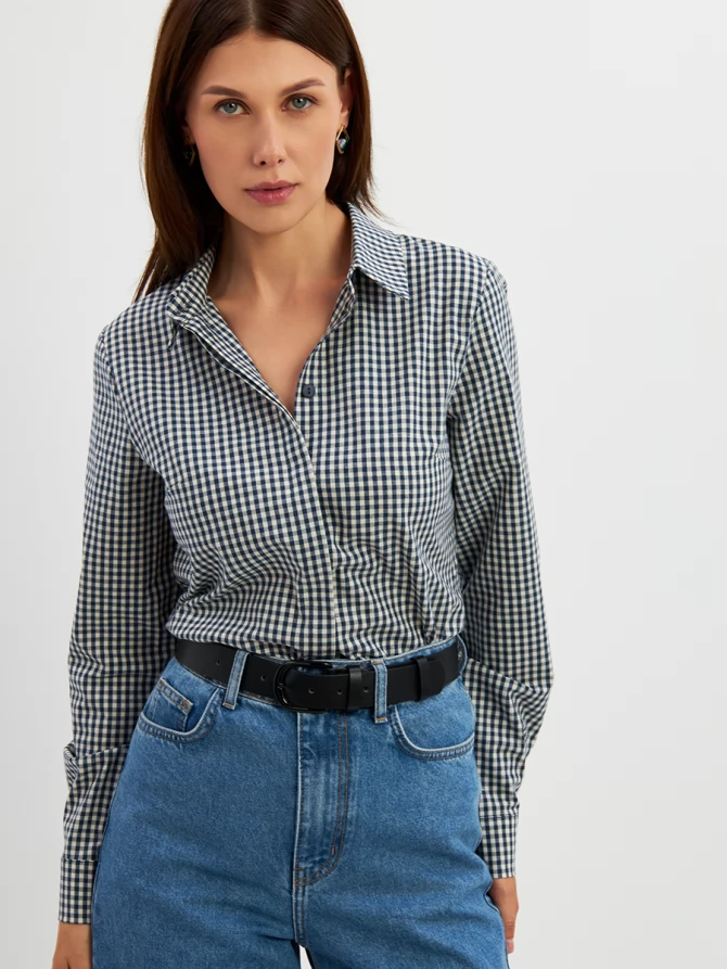 Блузка классик с контраст.стойкой OD-737-17 синяя клетка