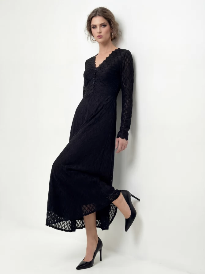 Платье из трикотажного кружева на подкладке с V-образным вырезом, черный, с фестонами