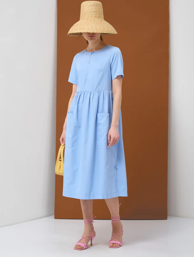 Платье хлопок OD-795-2 с планкой голубое