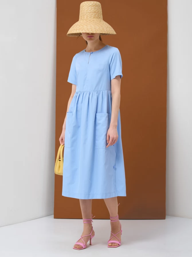 Платье хлопок OD-795-2 с планкой голубое