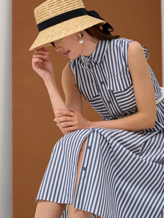 Платье-рубашка хлопковое миди в синюю полоску