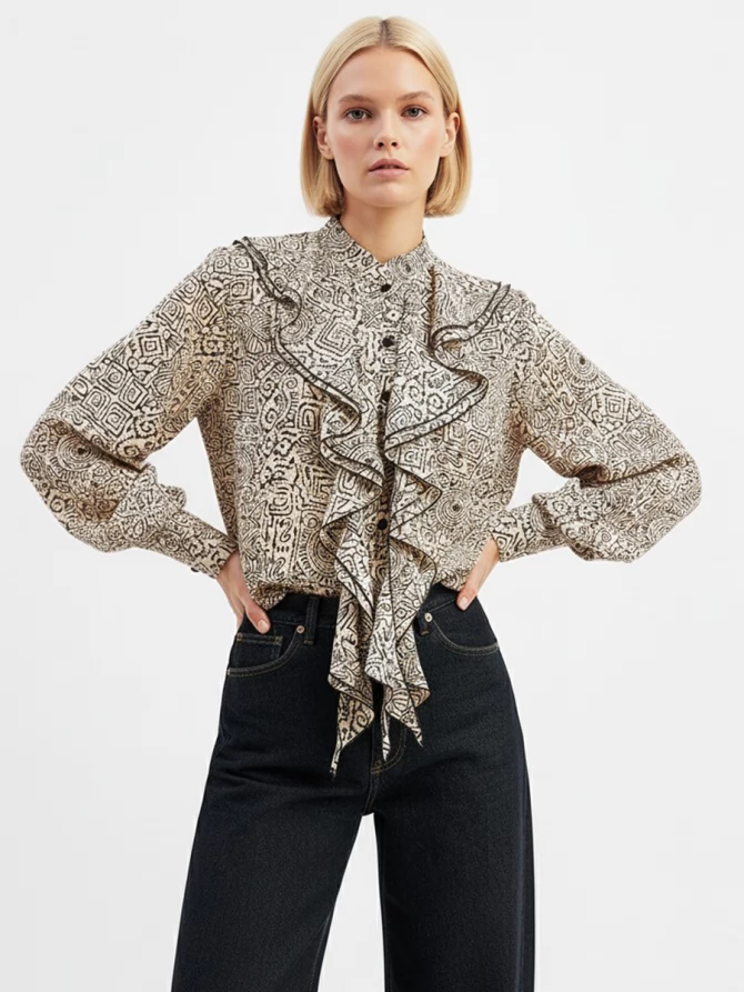 Блузка с отлетными рюшами OD-914-5 бежевый с черным