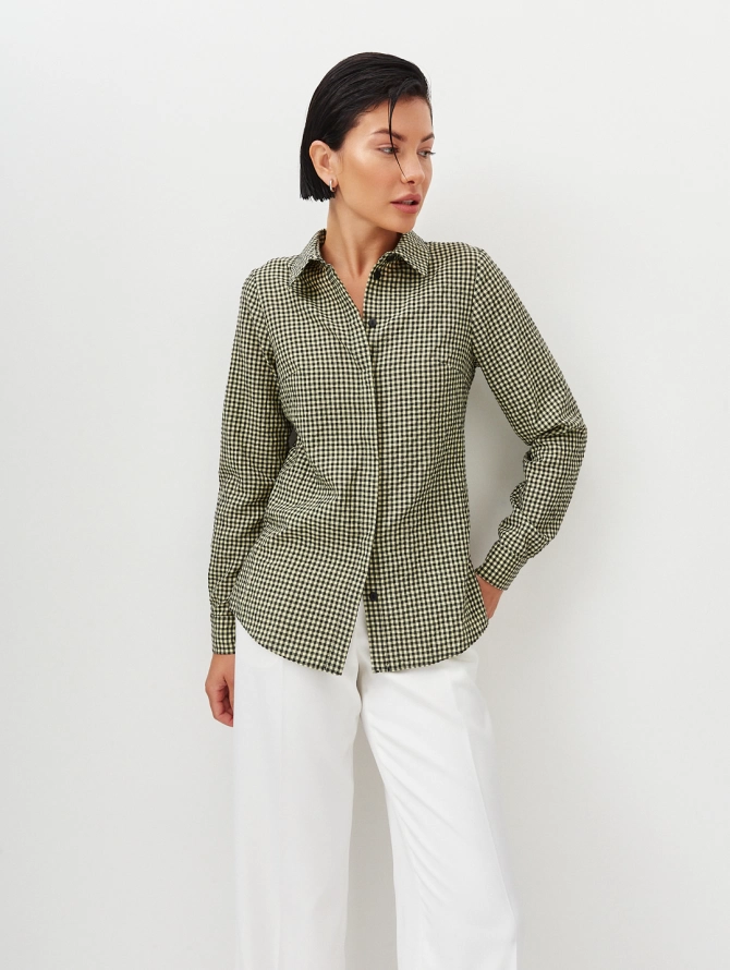 Блузка классическая с контрастной стойкой, черно-желтая клетка