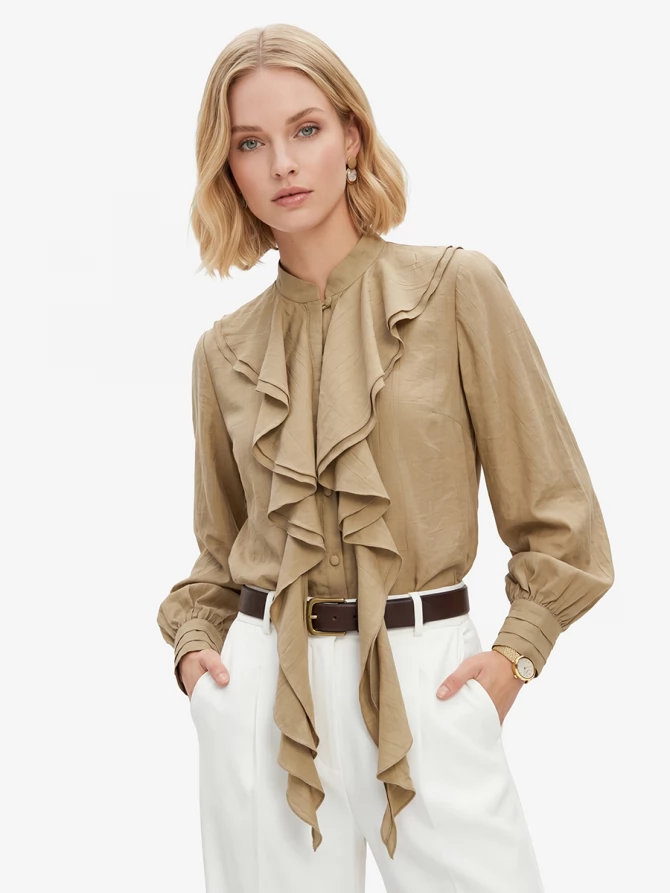 Блузкас отлетными рюшами OD-914-2 хаки