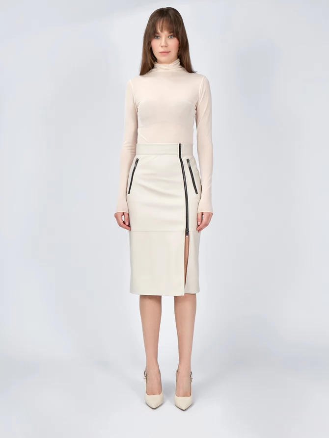 Юбка из эко-кожи с 3-мя молниями OD-863-2 бежевый