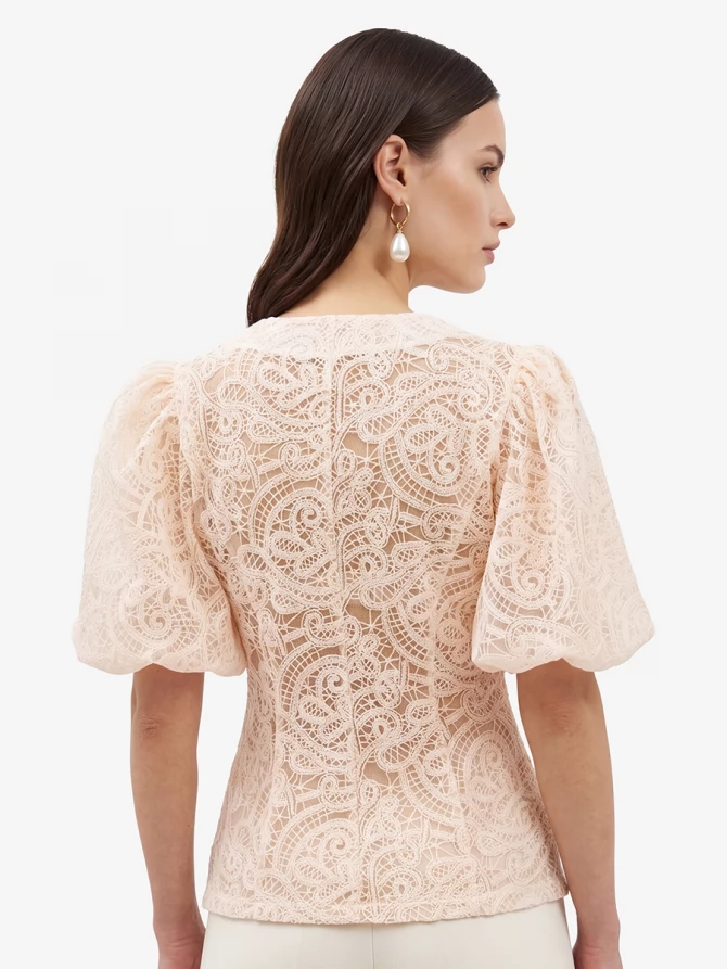 Блузка кружевная приталенная с объемным рукавом, лосось OD-1038-3
