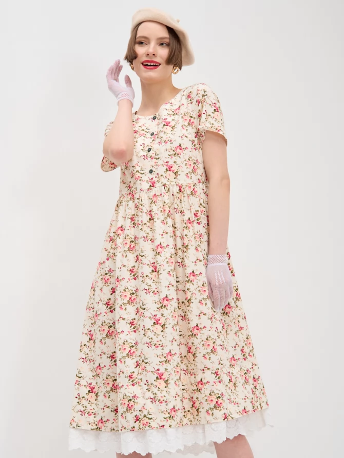 Платье хлопковое с цветочным принтом и кружевом