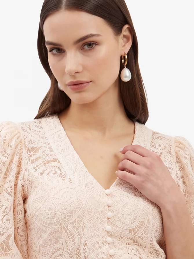 Блузка кружевная приталенная с объемным рукавом, лосось OD-1038-3