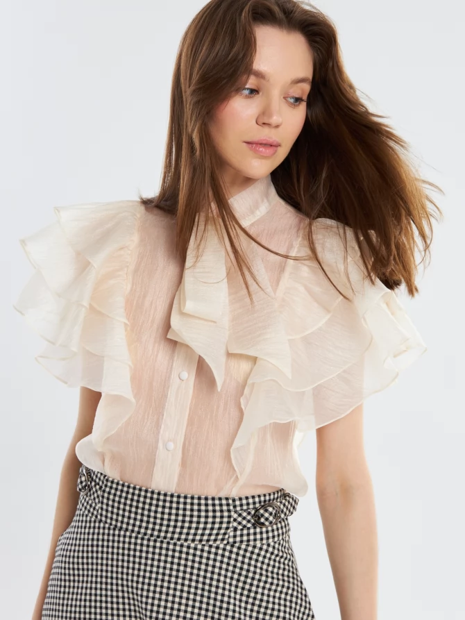 Блузка из органзы с рюшами и бантом OD-929-4 молочный