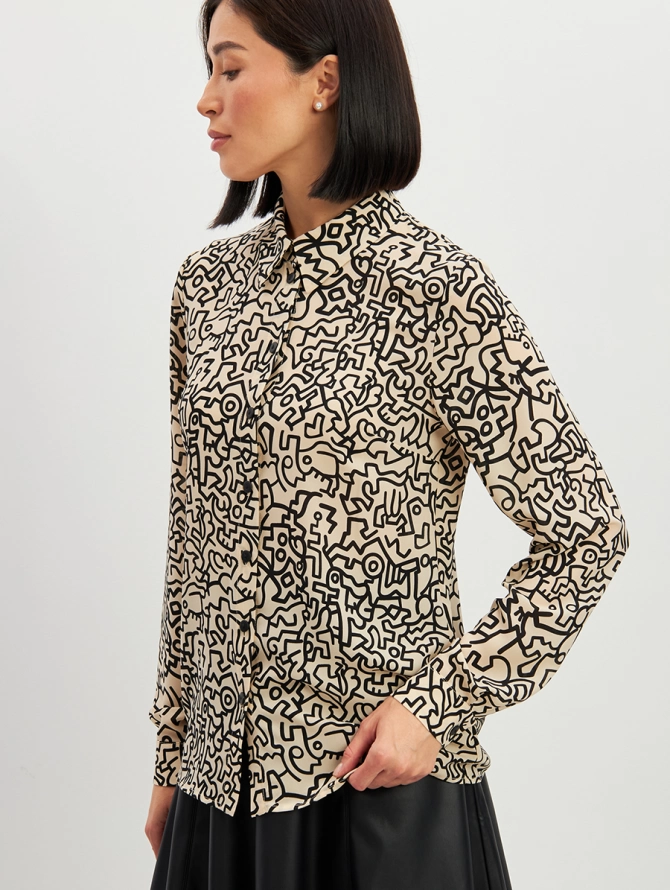 Блузка из шифона с принтом OD-887-3 молочный с черным