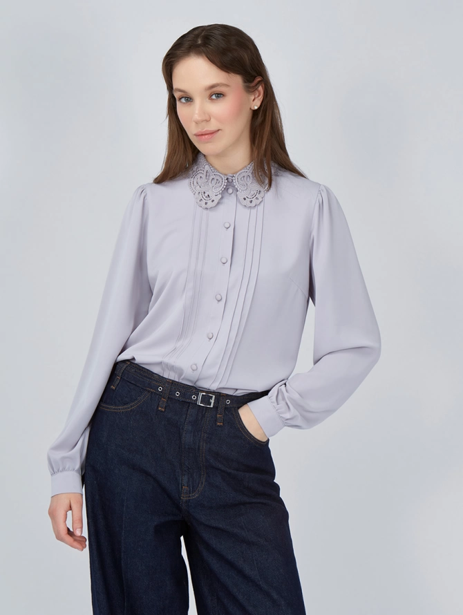 Блузка с кружевным воротником и защипами, светло-сиреневая OD-913-2