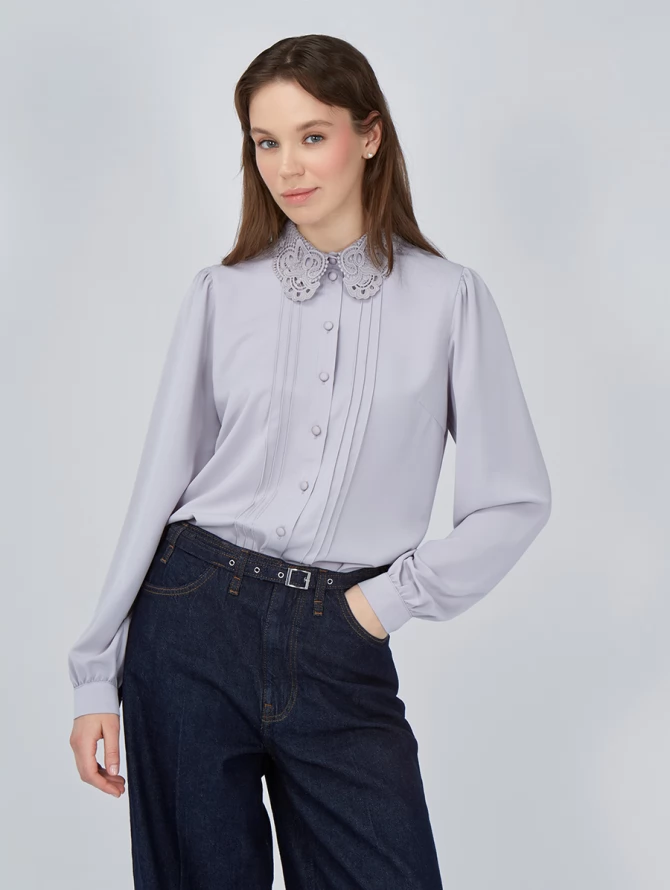 Блузка с воротником из кружева и защипами OD-913-2 св.сиреневый