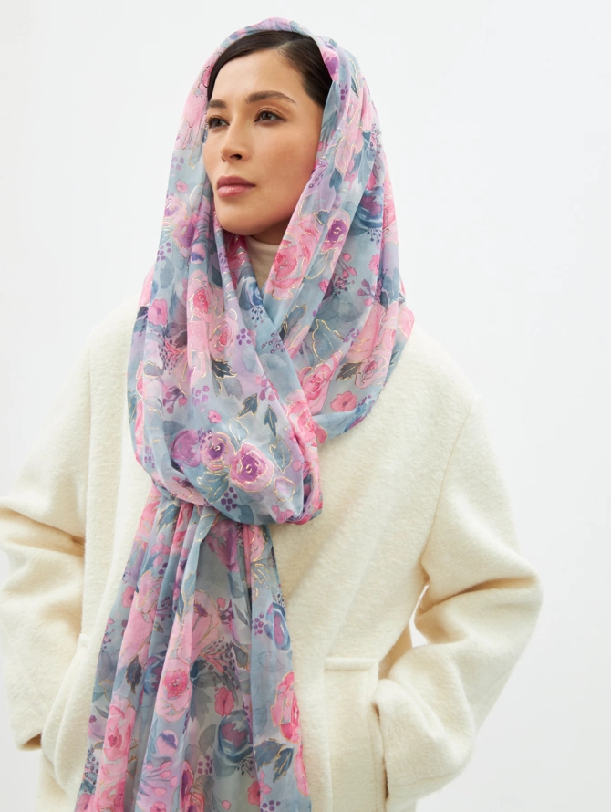 Палантин женский двусторонний с цветочным арт-деко принтом