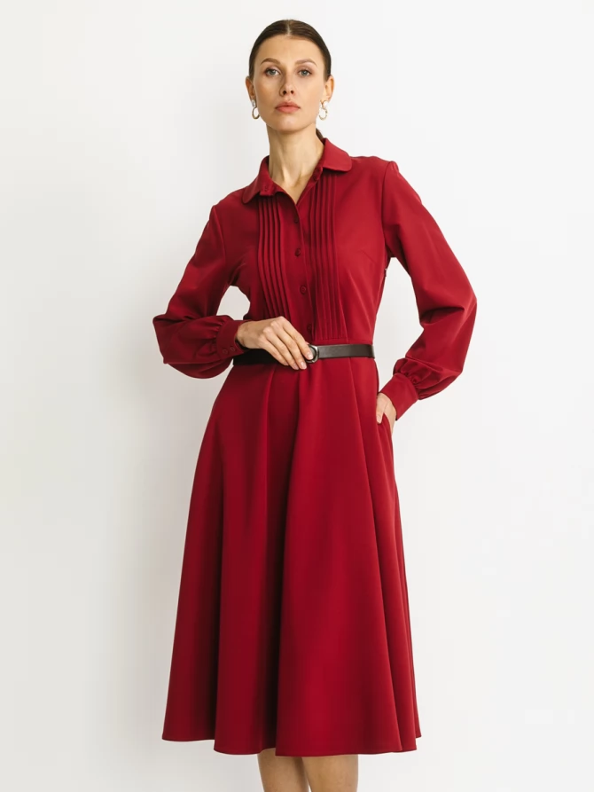 Платье из костюмной ткани с контрастным воротником и манжетом OD-841-3 бордо