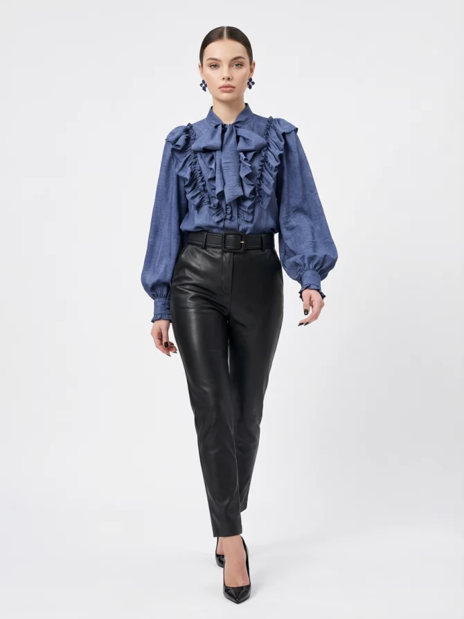 Блузка с рюшами и воротником-завязка OD-988-3 синий