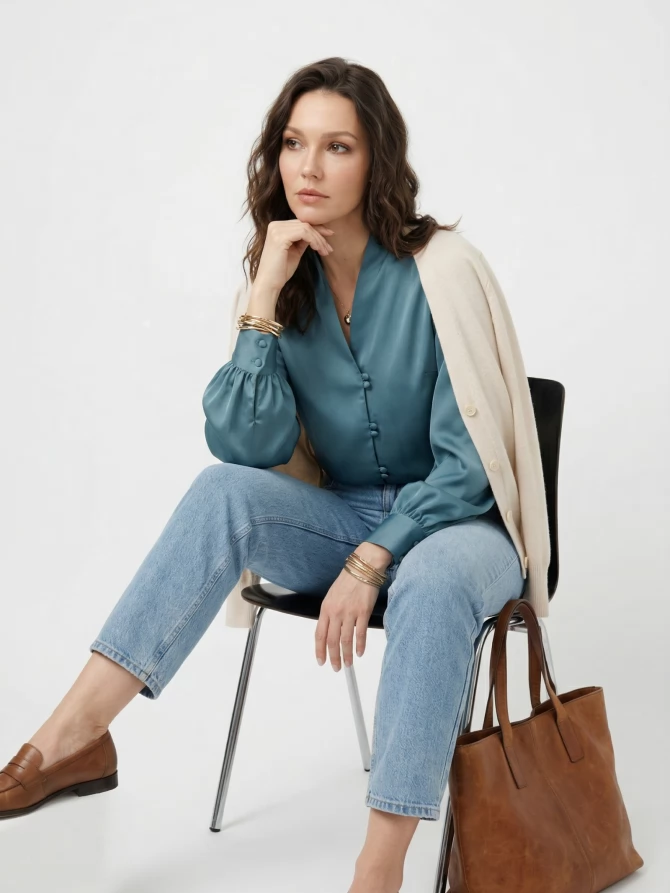 Блуза с вырезом сине-зеленая