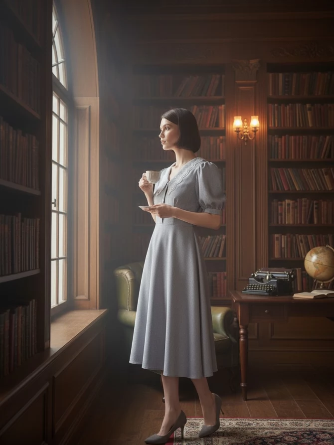 Платье с кружевным воротником  OD-888-2 св.серый