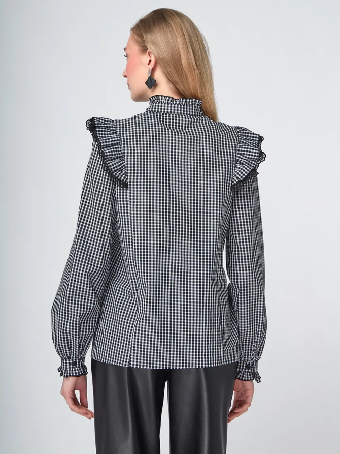Блузка из хлопка с кружевом OD-896-1 ч/б клетка