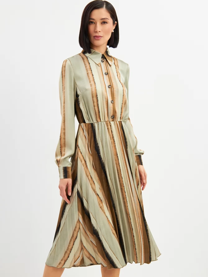 Платье с юбкой плиссе OD-883-2 коричневая с серой полосой